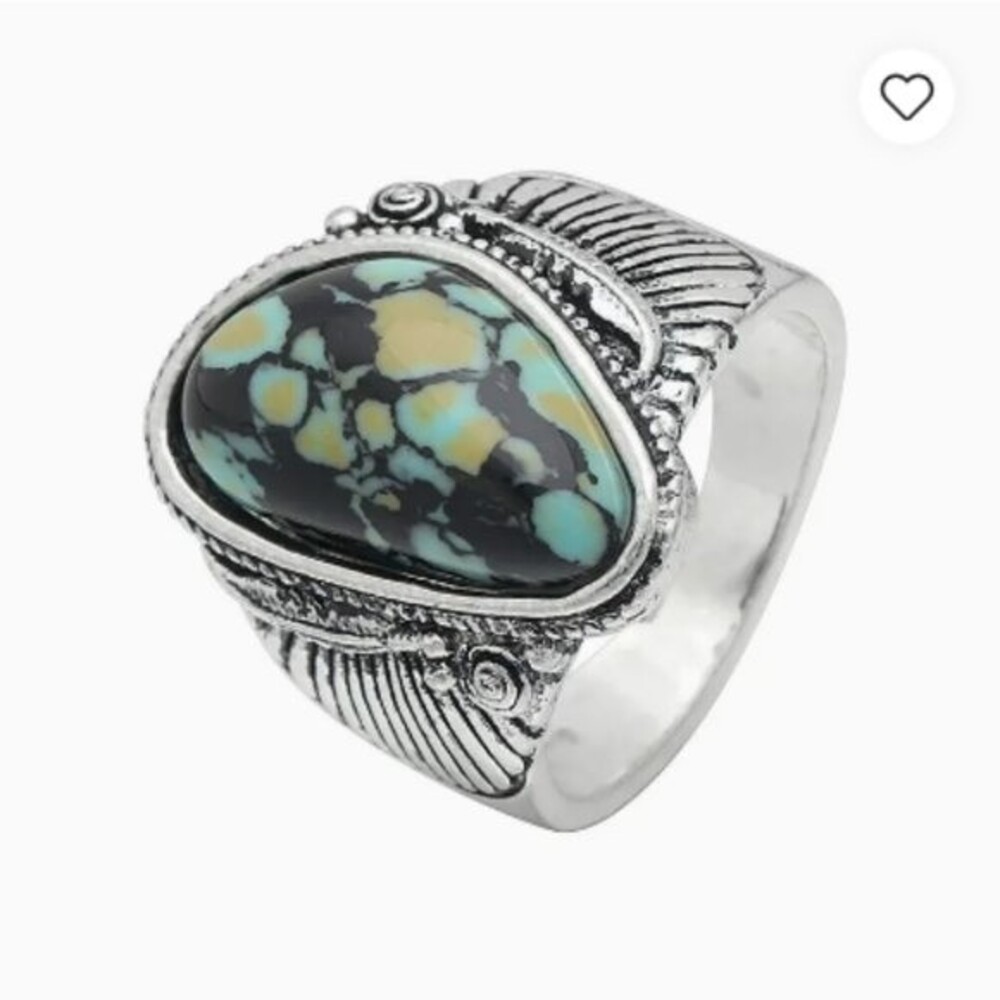 Western Bohemian  Turquoise Cocktail Ring Sizes 7 8.5 Silver  Green /Blue *